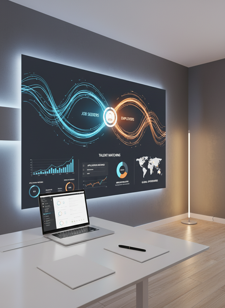 A large, luminous wall-sized digital dashboard in a contemporary office, displaying two distinct but connected data flows represented by colored lines: one path for job seekers, one for employers. In front, a streamlined white standing desk holds a single open laptop, a minimalist notepad, and a pen aligned with precise order. The room has muted gray walls, a subtle blue accent light washing one side, and a warm floor lamp adding contrast. Soft, even artificial lighting emphasizes screen glow without harsh glare. Photographic realism, captured at a three-quarter angle with moderate depth of field, creating a focused, analytical mood that suggests data-driven recruiting and precise talent matching.