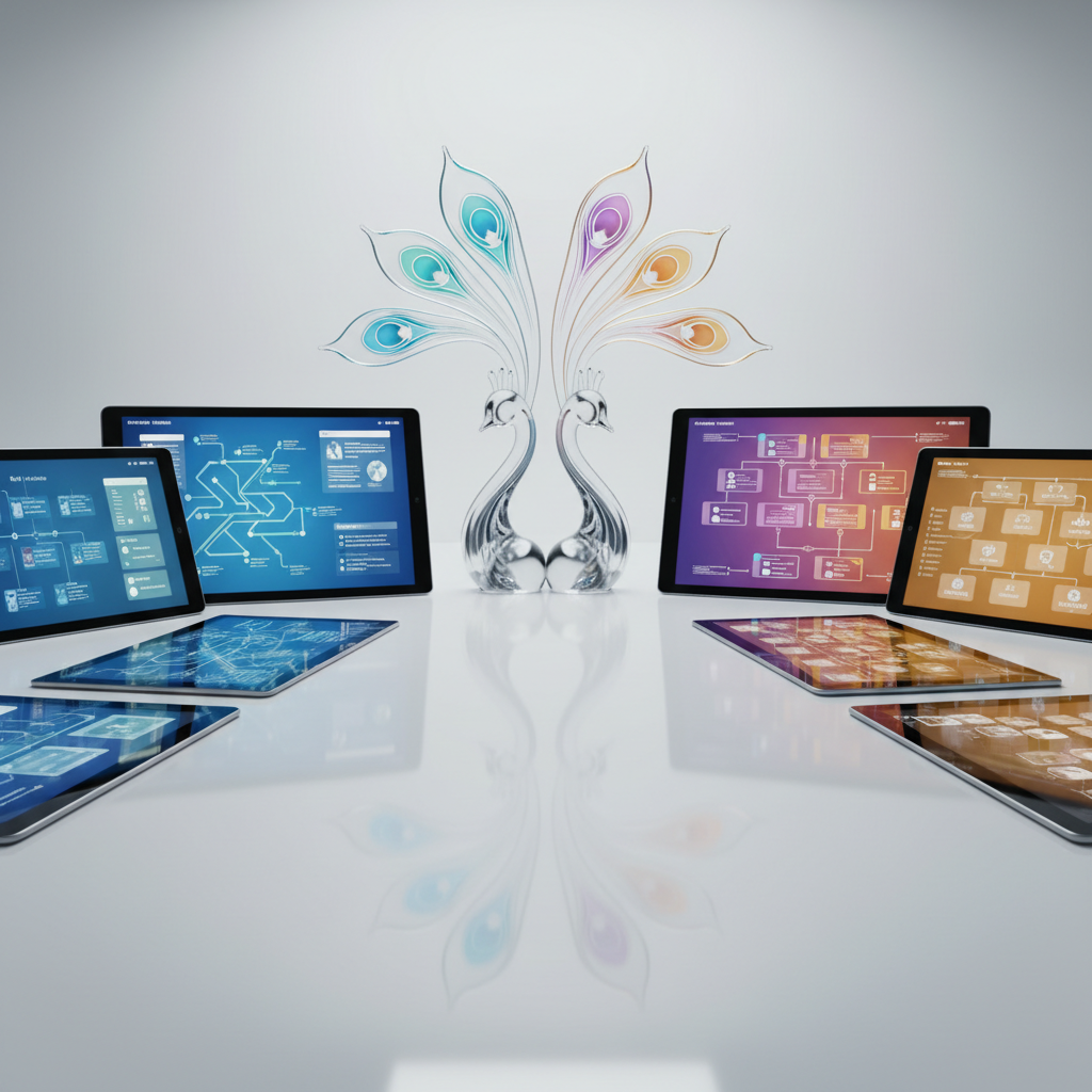 A polished white desk split visually down the middle by a graceful, peacock-feather-inspired glass sculpture that subtly branches into two arcs, symbolizing reverse recruiting for job seekers and traditional recruiting for employers. On one side, an organized array of digital devices shows stylized resumes and career roadmaps; on the other, screens show hiring workflows and talent-matching diagrams, all without readable text. Cool, diffused studio lighting creates soft reflections on the glossy surfaces and highlights the sculpture’s iridescent edges. Photographic realism, shot from a slightly elevated angle, with a balanced, symmetrical composition and a calm, strategic atmosphere that communicates clarity, structure, and high-end professional consulting.